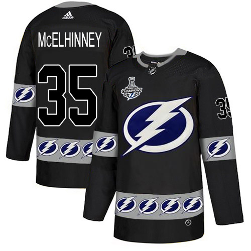 Men Adidas Tampa Bay Lightning #35 Curtis McElhinney Black Authentic Team Logo Fashion 2020 Stanley Cup Champions Stitched NHL Jersey